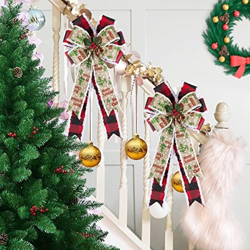 2pcs Veliki božićni lukovi za vijence ukrasi, crveni karirani lukovi 19 x 10.6inch božićno drvce Topper luk za zimske xmas vrata zidna