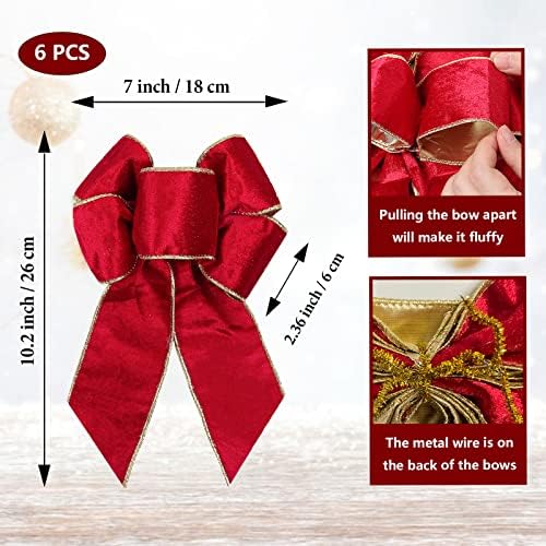 Lakiyfye božićni lukovi pakiranje od 6, crveni lukovi za božićno drvce crvene baršunaste tkanine mogu se vezati za božićno drvce i