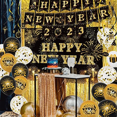 Nova godina zabavljenja za zabavu 2023 komplet sretne novogodišnje ukrasi 2023 Crno i zlato - natpis 2023, balon, rubna zavjesa, vrtlozi,