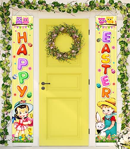 Vintage Uskrsna vrata Viseće natpis-žuta sretna uskrsna vrata trijem natpis Uskršnji proljetni vanjski ukras za zabavu