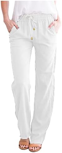 Ljetne ležerne pamučne lanene hlače za žene široke noge s džepovima labava fit čista boja Ravne noge hlače plaže hlače