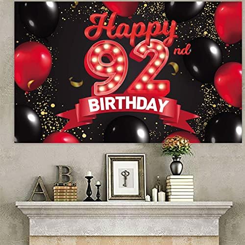 Sretan rođendan, 92. rođendan, crveni i crni banner, pozadinski ukrasi, baloni, tematski dekor za djevojčice, Žene, princeze, 92 godine,