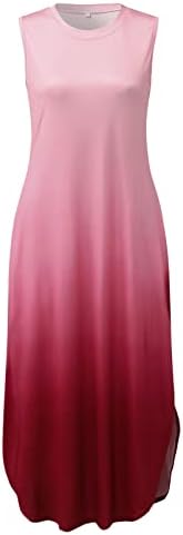 Ženska midi duga haljina s naramenicama u gradijentnoj boji bez rukava s okruglim vratom s prorezom sa zakrivljenim rubom ljetne Ležerne