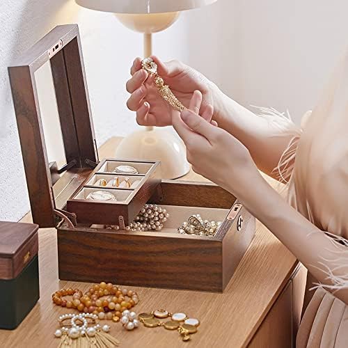 Drvena kutija nakita - Dvostruki držač nakita - s futrolom Organizator za ogrlicu, naušnice, prstenove i narukvice - Savršeno za muškarce