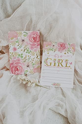 Na vašem glavnom događaju ispisana je pozivnica za tuširanje za bebe s cvjetnim leptirom to je djevojčica, ružičastim i zlatnim cvjetovima