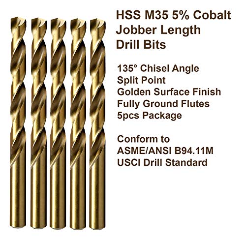Maxtool br.7 5pcs identične bušilice duljine posla dia 0,201 HSS M35 Cobalt Twist BITS BITS BROUMENE BROUMENE ZLATNE DRUKE; JBN35G10R07P5