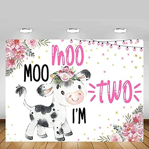 MEHOFOND 7,5 Stopa krava za djevojčicu pozadina za 2. rođendan Moo Moo Moo ja dva ružičasta cvjetna konfeta banner za zabavu torta