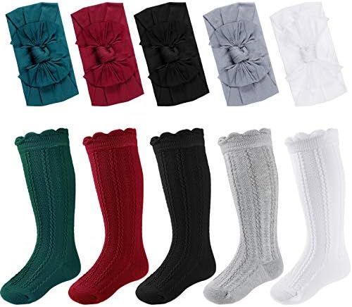 ;/5 pari pletenih čarapa za djevojčice s visokim čarapama do koljena i trakom za glavu s mašnom od 5 komada za novorođenčad Uniseks