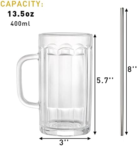 Zenfun 8 pakiranje teških velikih čaša za pivo, staklene pivske šalice od 14 oz s drškom i nehrđajućim čeličnim slamkama, pivskom staklenom