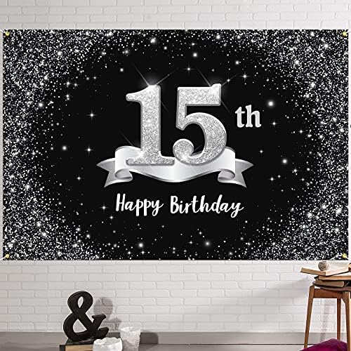 Hamigar 6x4ft sretna pozadina natpisa za 15. rođendan - 15 godina staračka ukrasa za zabavu za djevojčice - crno srebro
