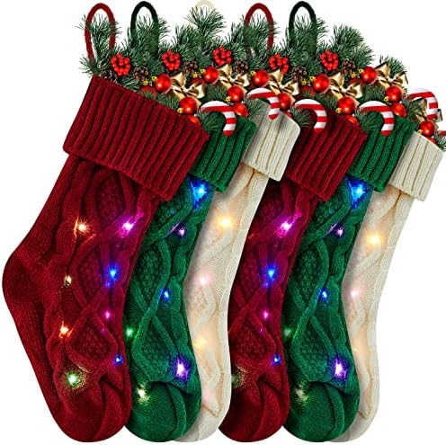 Jecery 6 Pack LED božićna pletena čarapa 18 '' Velike kabelske pletene čarape s LED svjetlima za ukrase za božićne poklone, jedna veličina