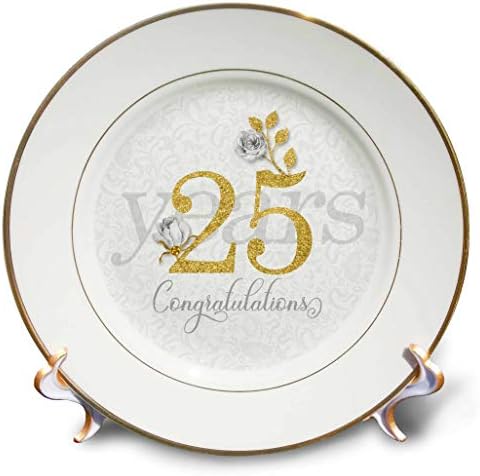 3Drose Silver obljetnica od 25 godina u srebrnastim nijansama Zlatni tekst i ruže, 8-inčni
