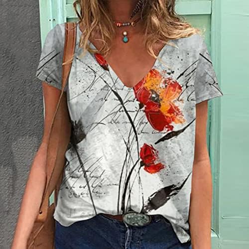 Miashui tanka fit ladies v vrat cvjetni akvarel tisak gornji ljetni modni kratki rukav labav majica gornji majica