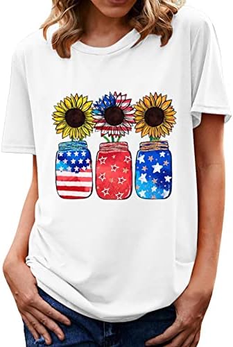 Labav fit gornji majica žene kratke rukave pamuk pamuka američka zastava suncokret cvjetni odmor casual bluza bz