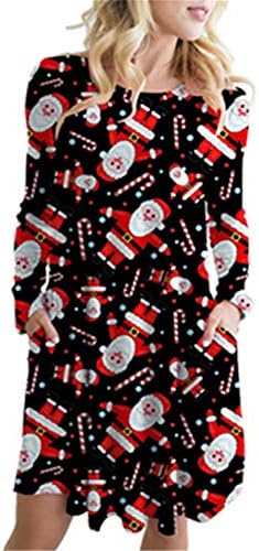 Andongnywell ženski božićni print okrugli vrat casual plamted midi haljina xmas tiskane haljine s džepovima