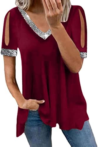 Ženski v vrat hladno rame blistavi šljokica gornji kratki rukavi sjaj zabave bluze haljine Dressy vrhovi osnovne majice