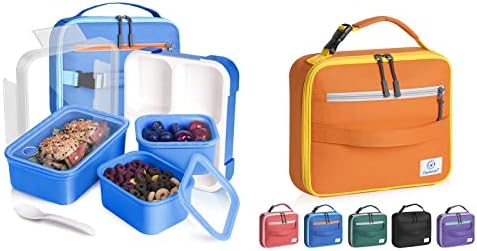 Bento kutija za ručak s plavom i narančastom torbom za ručak, kontejneri za ručak za odrasle i tinejdžere, 3 odjeljka za kontrolu porcija,