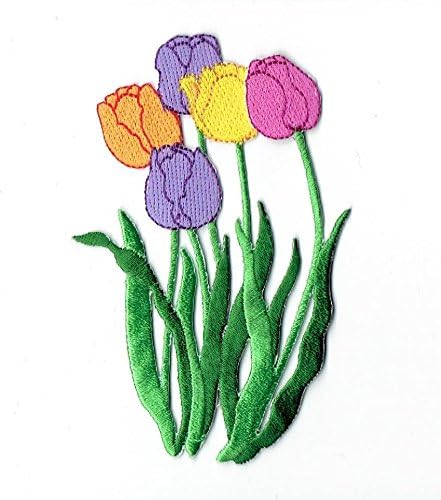 Pet tulipana ljubičasto, narančasto, žuto, ružičasto vezeno željezo na flasteru