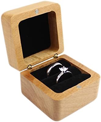 DSHOM Rustikalni drveni kvadratni zaručnički zaručnički okvir za vjenčanje, čvrsta bukva drvena poklopac crni baršun 2 utora kutija