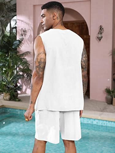 Lexiart Mens casual posteljina 2 komada odjeće na plaži Havaji Košulja bez rukava Pamučne kratke hlače s džepom